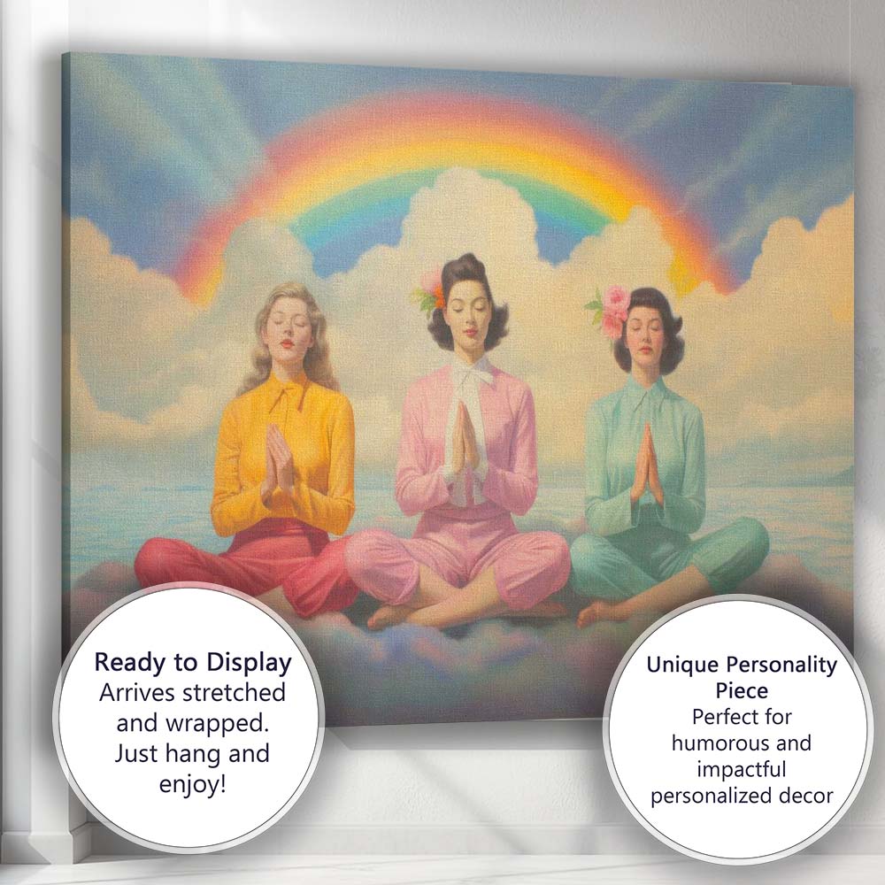 Pastel Rainbow Meditation Women Dreamy Spiritual Illustration Canvas Wall Art Print Decor Picture Ready to Hang