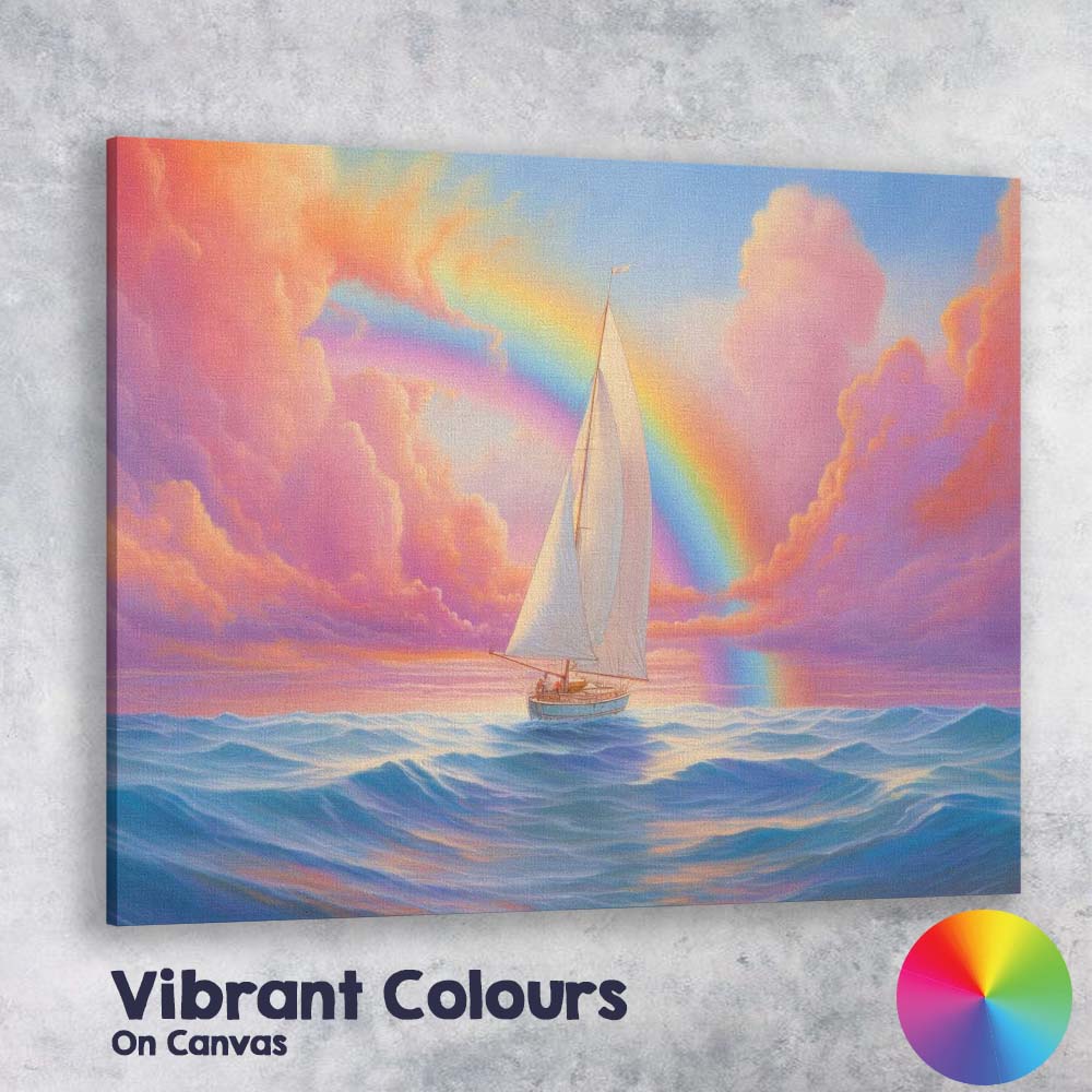 Dreamy Sailboat Beneath Rainbow Ocean Sunset Seascape Canvas Wall Art Print Decor Picture Ready to Hang