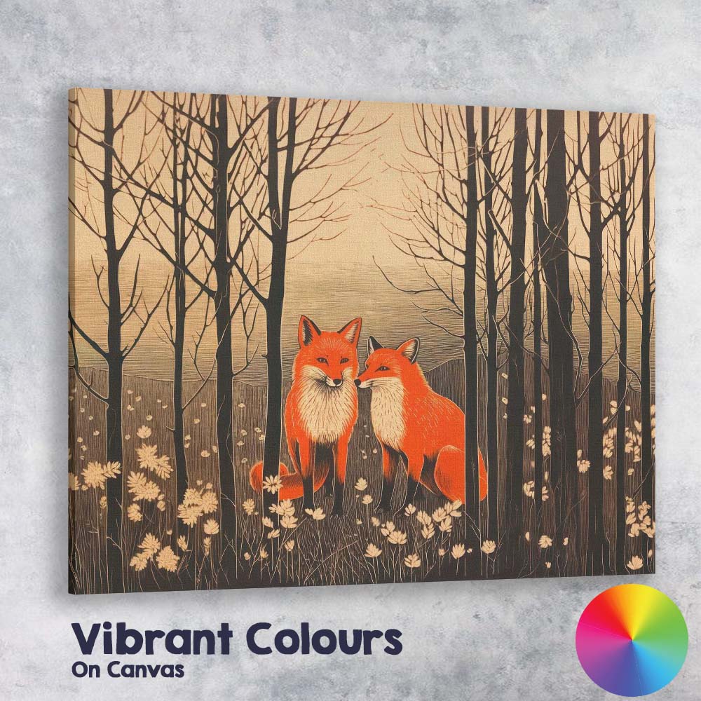 Woodland Red Fox Pair Forest Wildlife Linocut Style Canvas Wall Art Print Decor Picture Ready to Hang