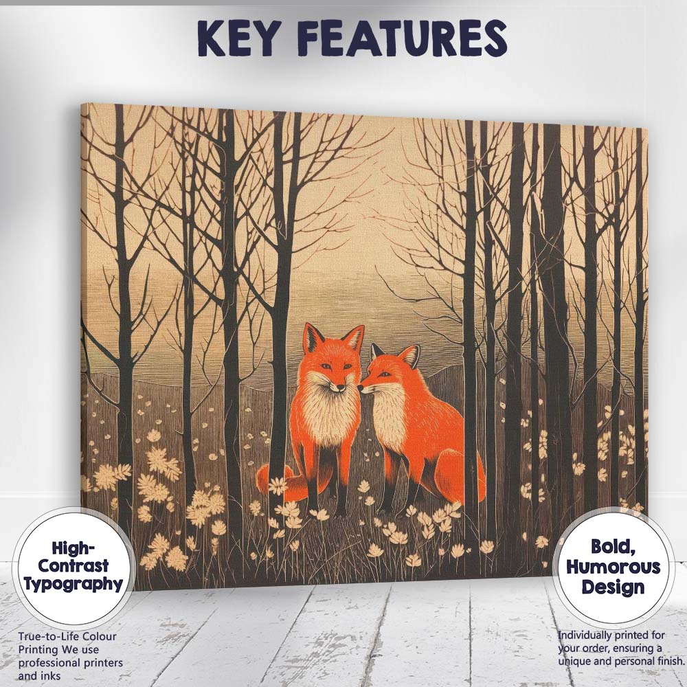 Woodland Red Fox Pair Forest Wildlife Linocut Style Canvas Wall Art Print Decor Picture Ready to Hang