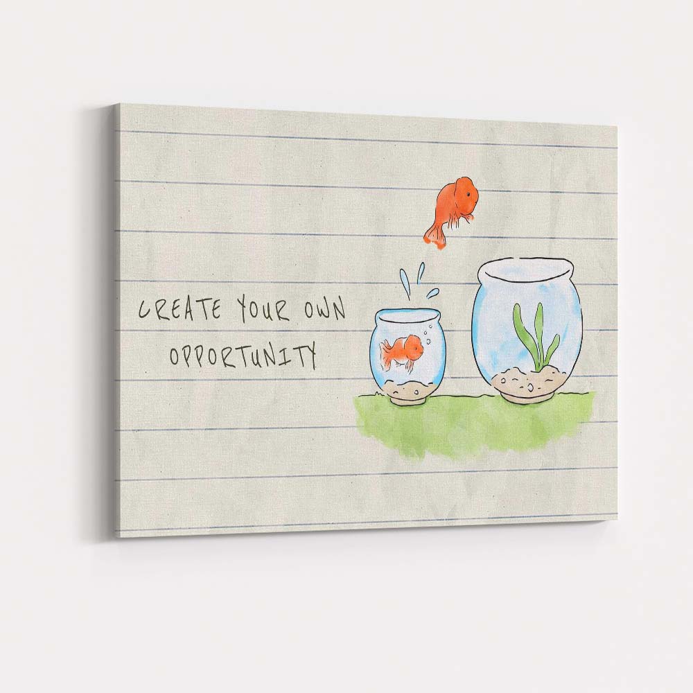 Watercolour Goldfish Opportunity Inspirational Quote Illustration Canvas Wall Art Print Decor Picture Ready to Hang