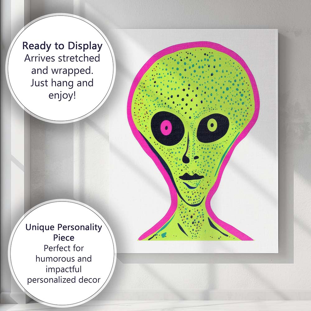 Neon Green Alien Head Pop Art Portrait Canvas Wall Art Print Decor Picture Ready to Hang