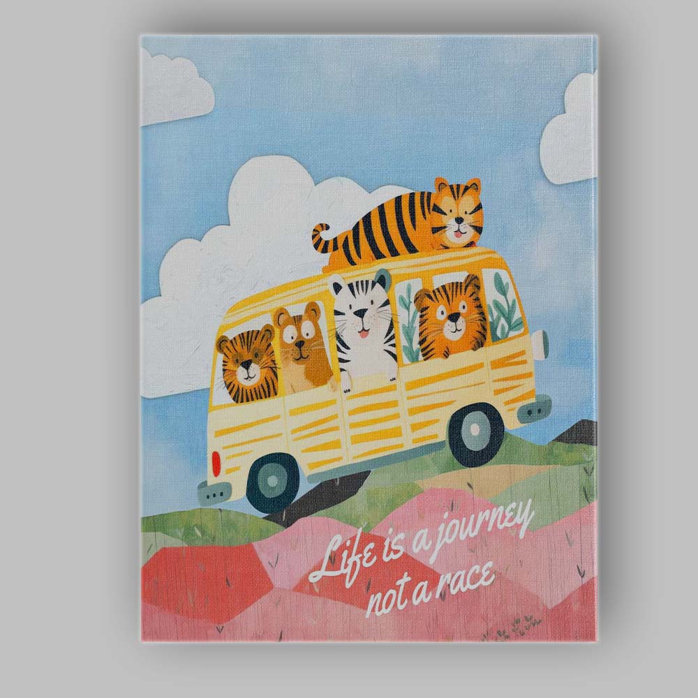 Cute Safari Animals Camper Van Adventure Nursery Illustration Canvas Wall Art Print Decor Picture Ready to Hang