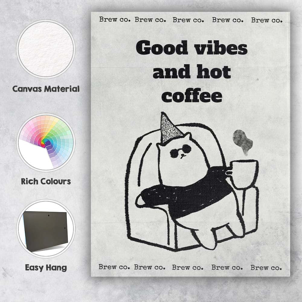 Cute Cat Drinking Coffee Good Vibes Typography Illustration Canvas Wall Art Print Decor Picture Ready to Hang