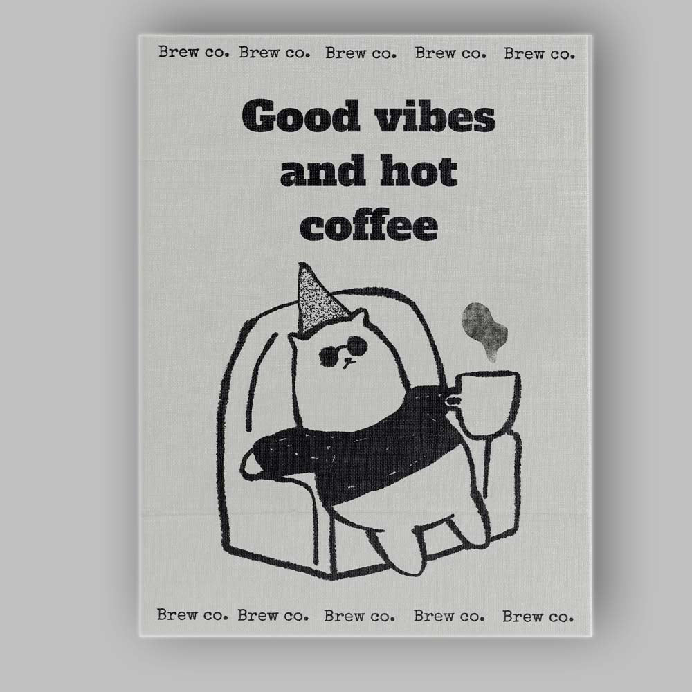 Cute Cat Drinking Coffee Good Vibes Typography Illustration Canvas Wall Art Print Decor Picture Ready to Hang