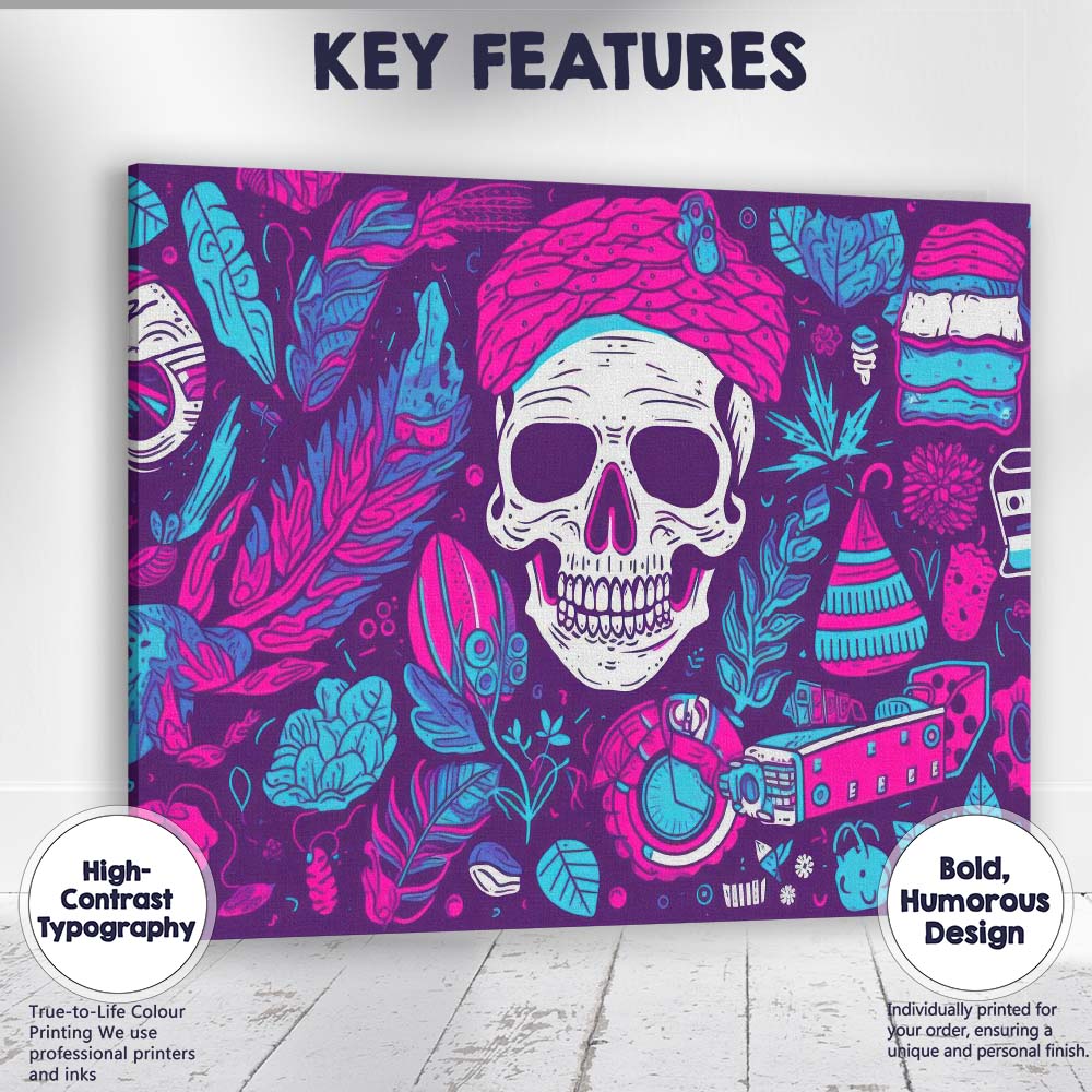 Neon Sugar Skull Floral Boho Folk Art Illustration Canvas Wall Art Print Decor Picture Ready to Hang