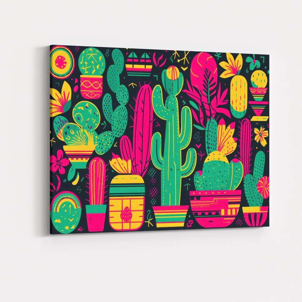 Colourful Neon Cactus Botanical Desert Pattern Canvas Wall Art Print Decor Picture Ready to Hang