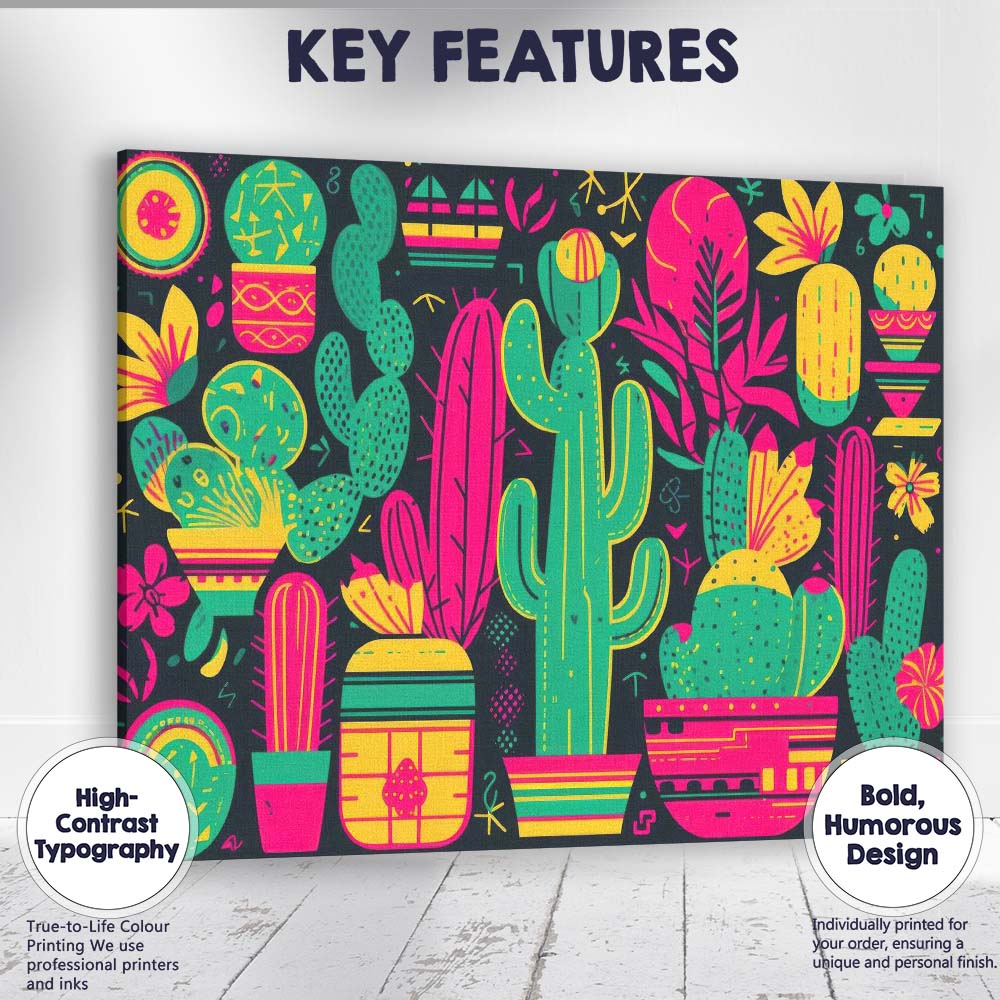 Colourful Neon Cactus Botanical Desert Pattern Canvas Wall Art Print Decor Picture Ready to Hang