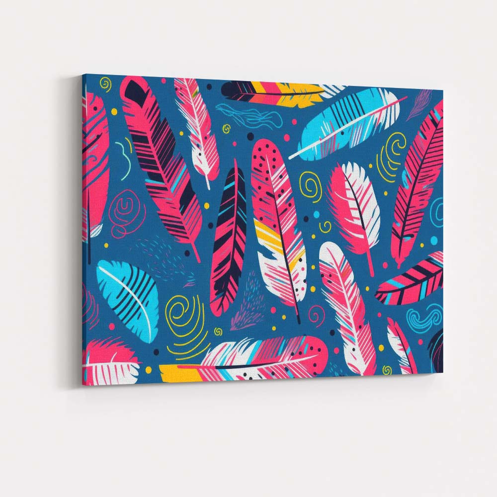 Bright Pink and Blue Decorative Feather Pattern Canvas Wall Art Print Decor Picture Ready to Hang