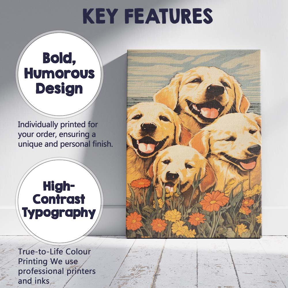 Happy Golden Retriever Family Floral Meadow Illustration Canvas Wall Art Print Decor Picture Ready to Hang