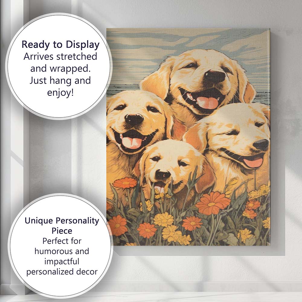 Happy Golden Retriever Family Floral Meadow Illustration Canvas Wall Art Print Decor Picture Ready to Hang