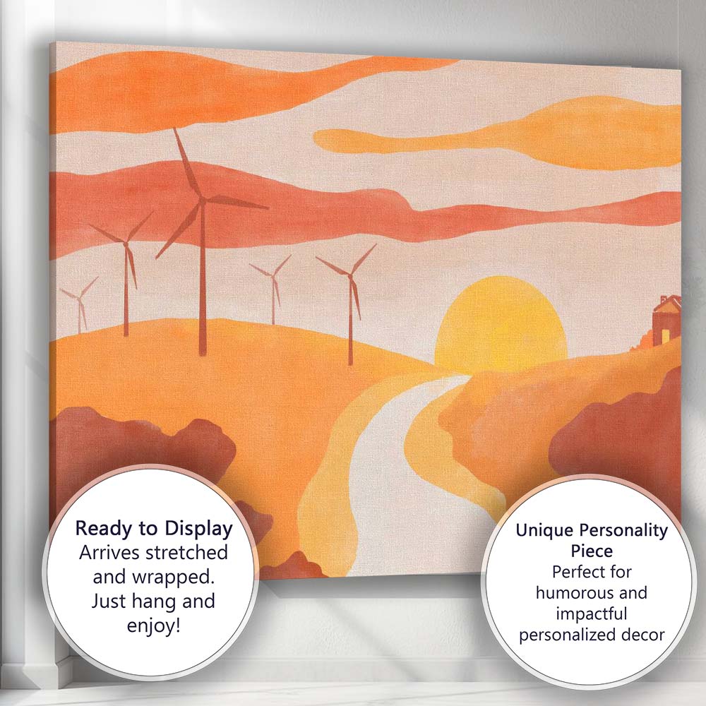Minimalist Wind Turbine Sunset Landscape Canvas Wall Art Print Decor Picture Ready to Hang