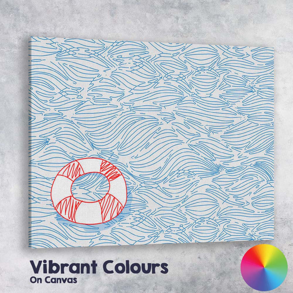 Blue Line Ocean Water Ripples Lifebuoy Minimalist Coastal Illustration Canvas Wall Art Print Decor Picture Ready to Hang