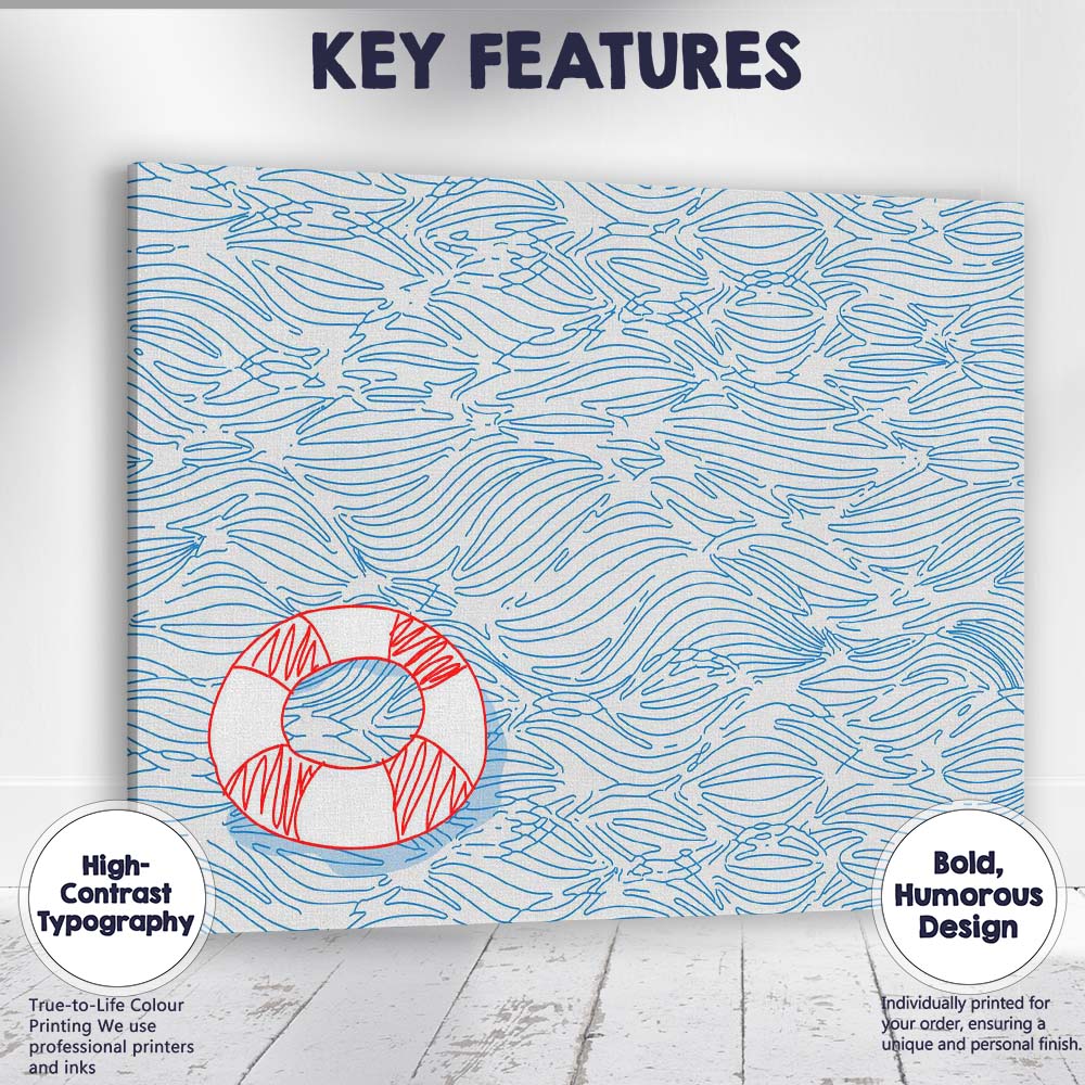 Blue Line Ocean Water Ripples Lifebuoy Minimalist Coastal Illustration Canvas Wall Art Print Decor Picture Ready to Hang