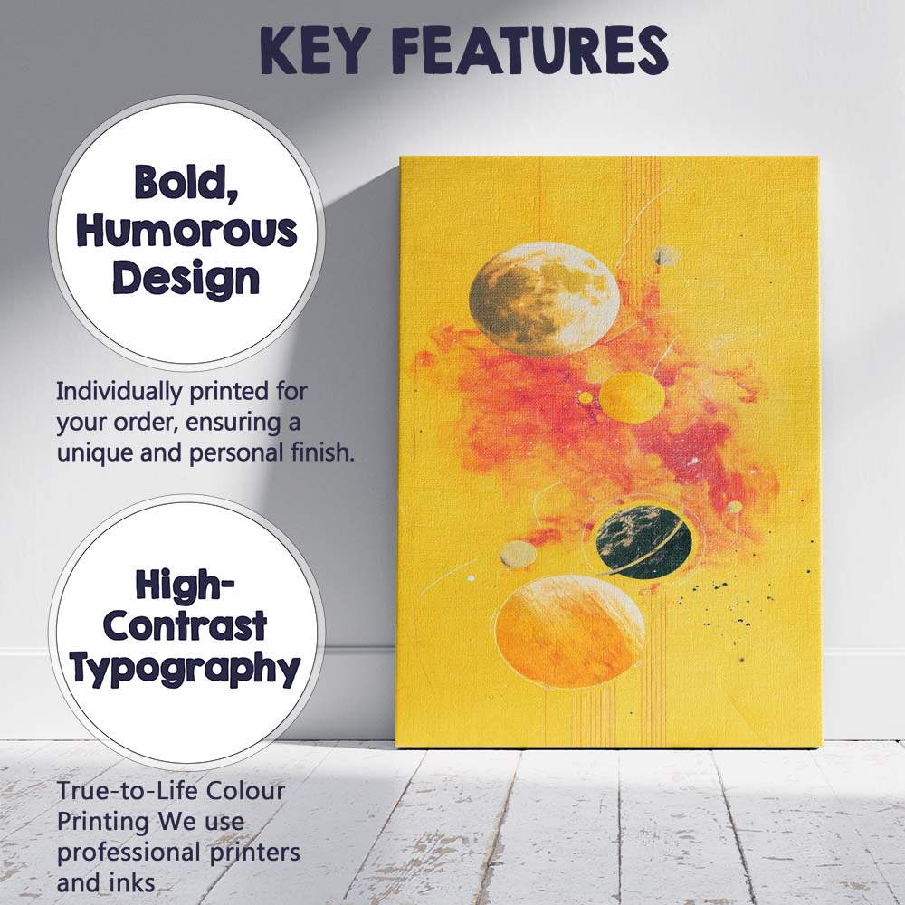 Vibrant Yellow Abstract Solar System Planetary Space Illustration Canvas Wall Art Print Decor Picture Ready to Hang