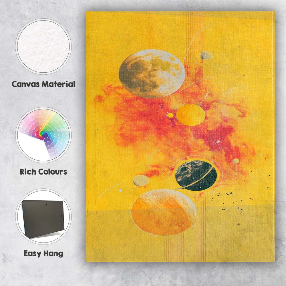 Vibrant Yellow Abstract Solar System Planetary Space Illustration Canvas Wall Art Print Decor Picture Ready to Hang
