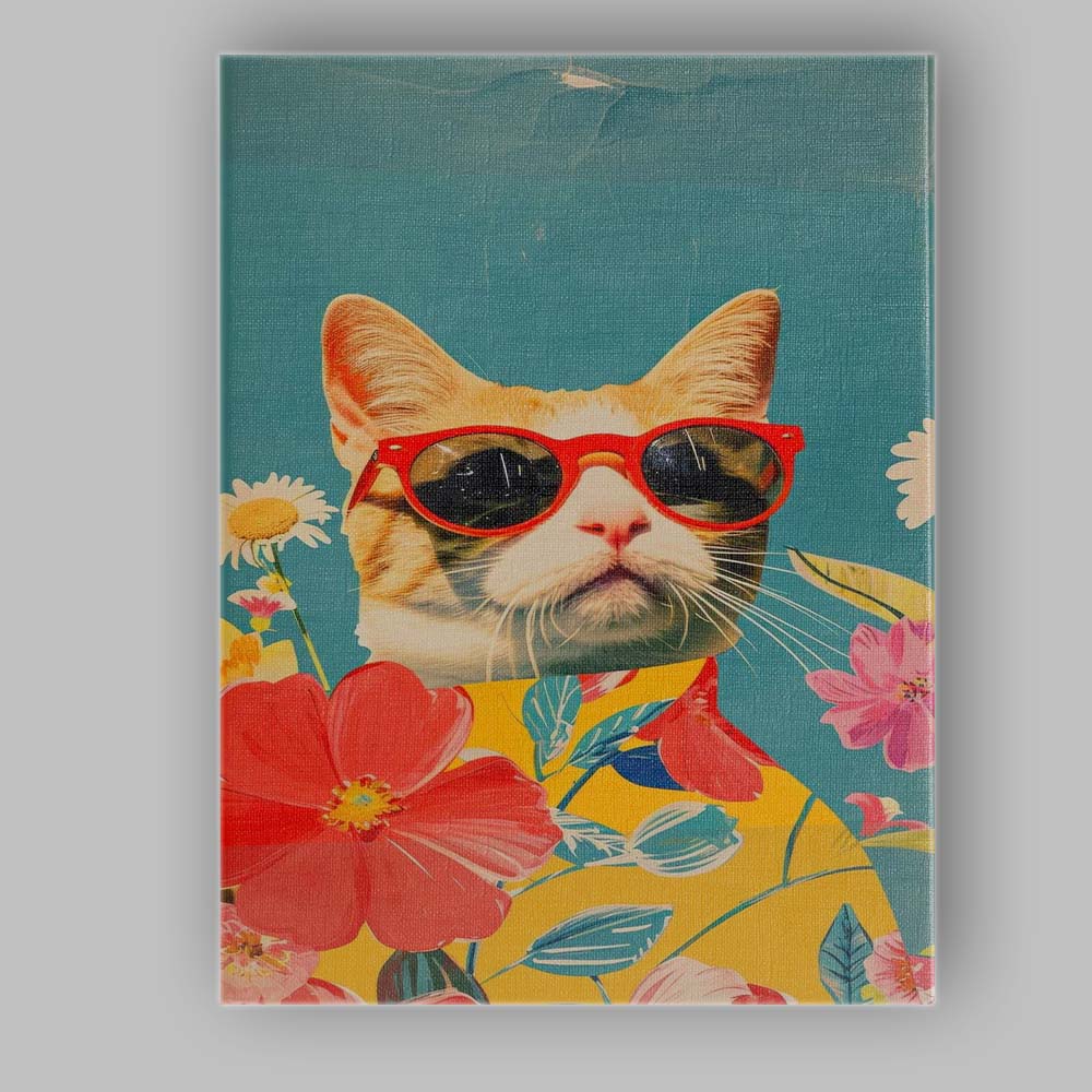 Cool Ginger Cat Wearing Red Sunglasses Floral Pop Art Canvas Wall Art Print Decor Picture Ready to Hang
