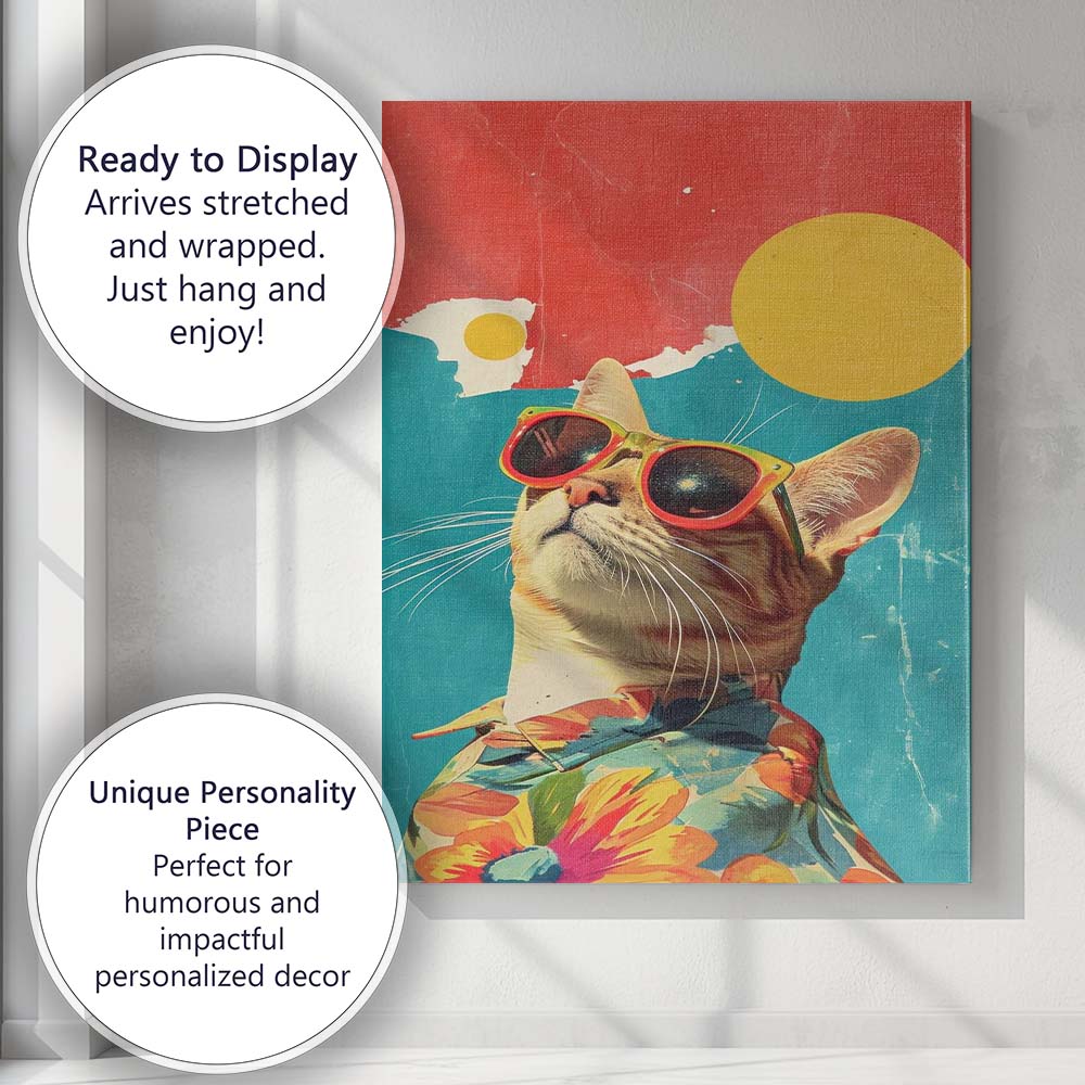 Trendy Ginger Cat In Tropical Shirt Retro Pop Art Portrait Canvas Wall Art Print Decor Picture Ready to Hang