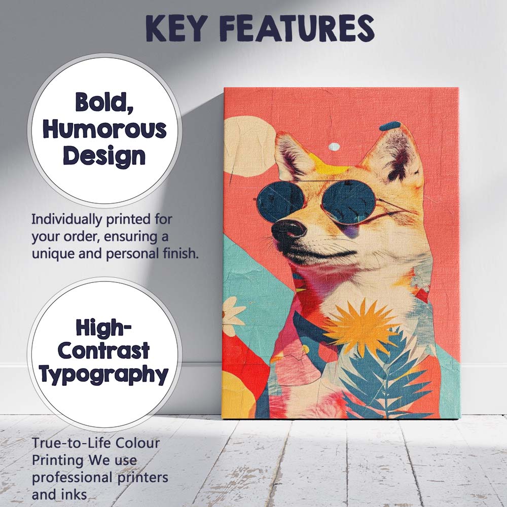 Cool Shiba Inu Dog Wearing Sunglasses Floral Pop Art Portrait Canvas Wall Art Print Decor Picture Ready to Hang