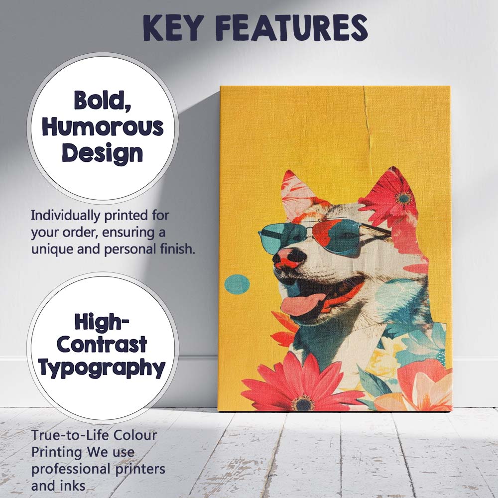 Happy Husky Dog Wearing Aviator Sunglasses Floral Collage Canvas Wall Art Print Decor Picture Ready to Hang