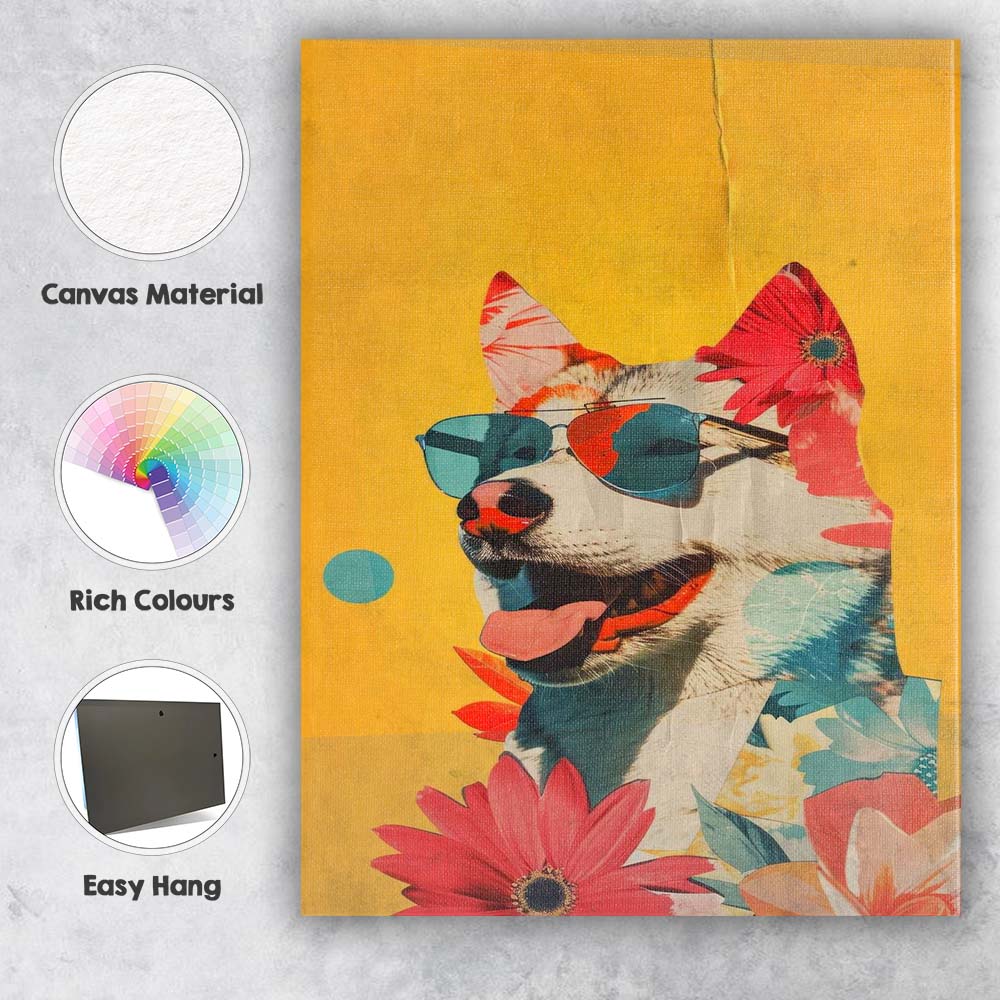 Happy Husky Dog Wearing Aviator Sunglasses Floral Collage Canvas Wall Art Print Decor Picture Ready to Hang