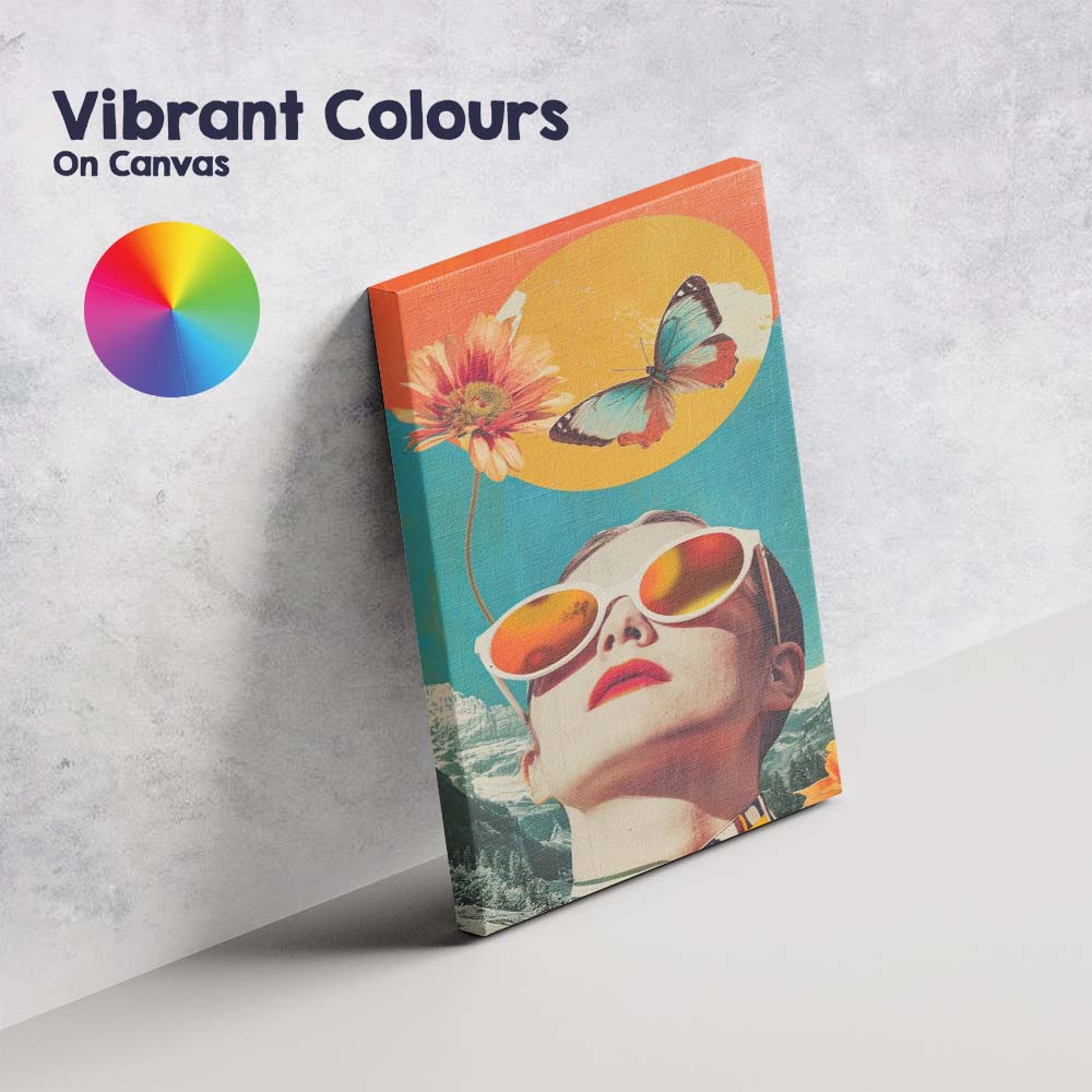 Retro Woman With White Sunglasses Butterfly Mountain Collage Canvas Wall Art Print Decor Picture Ready to Hang
