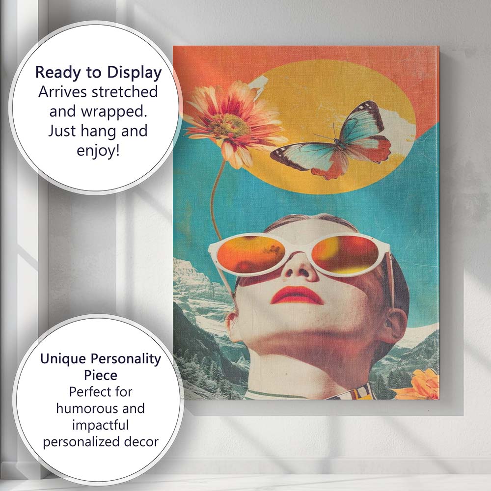 Retro Woman With White Sunglasses Butterfly Mountain Collage Canvas Wall Art Print Decor Picture Ready to Hang