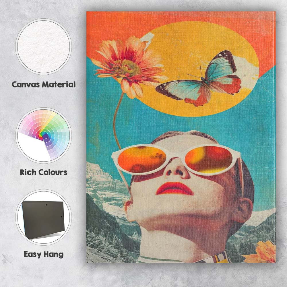 Retro Woman With White Sunglasses Butterfly Mountain Collage Canvas Wall Art Print Decor Picture Ready to Hang