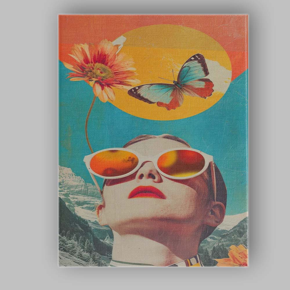 Retro Woman With White Sunglasses Butterfly Mountain Collage Canvas Wall Art Print Decor Picture Ready to Hang