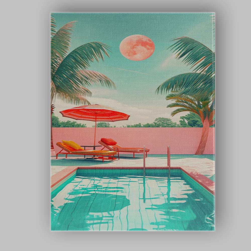 Tropical Poolside Paradise Palm Trees Pink Moon Summer Canvas Wall Art Print Decor Picture Ready to Hang