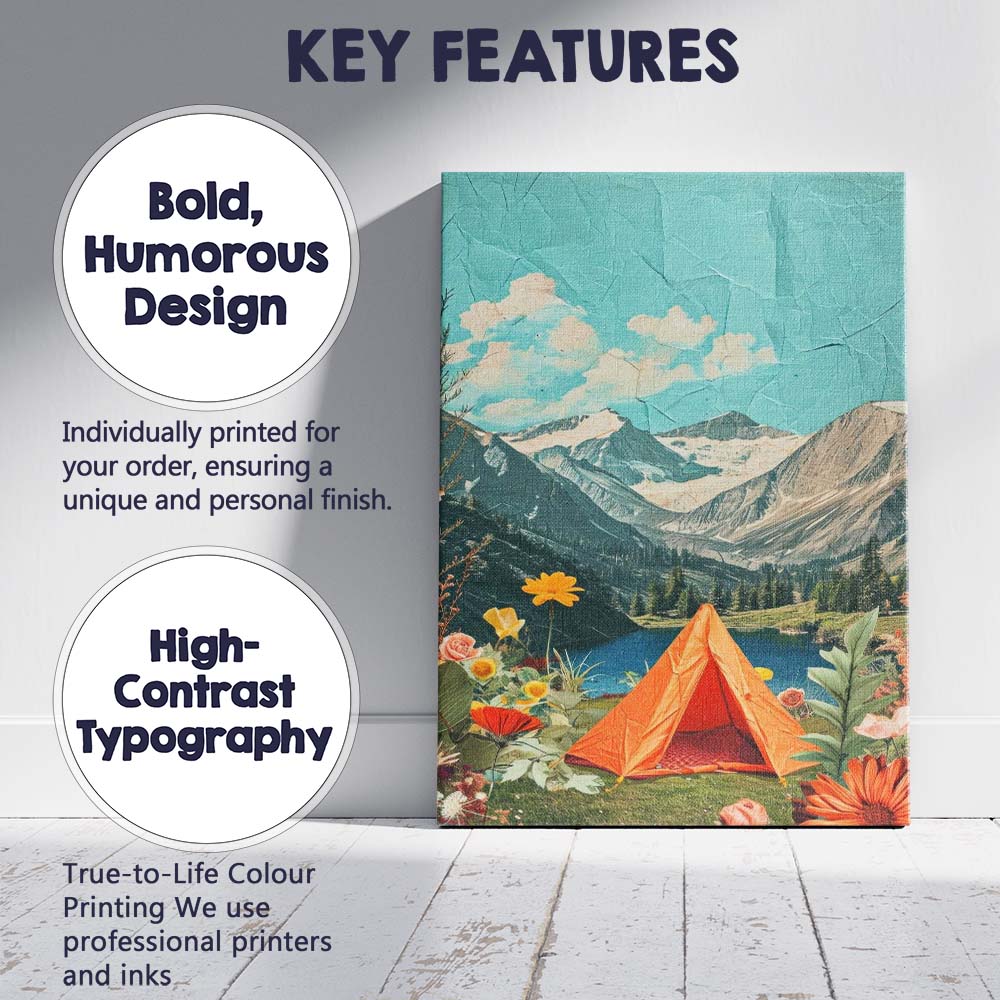 Scenic Mountain Lake Camping Tent Floral Nature Collage Canvas Wall Art Print Decor Picture Ready to Hang