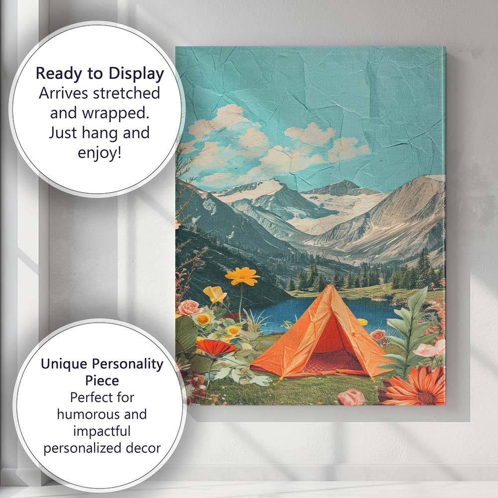 Scenic Mountain Lake Camping Tent Floral Nature Collage Canvas Wall Art Print Decor Picture Ready to Hang