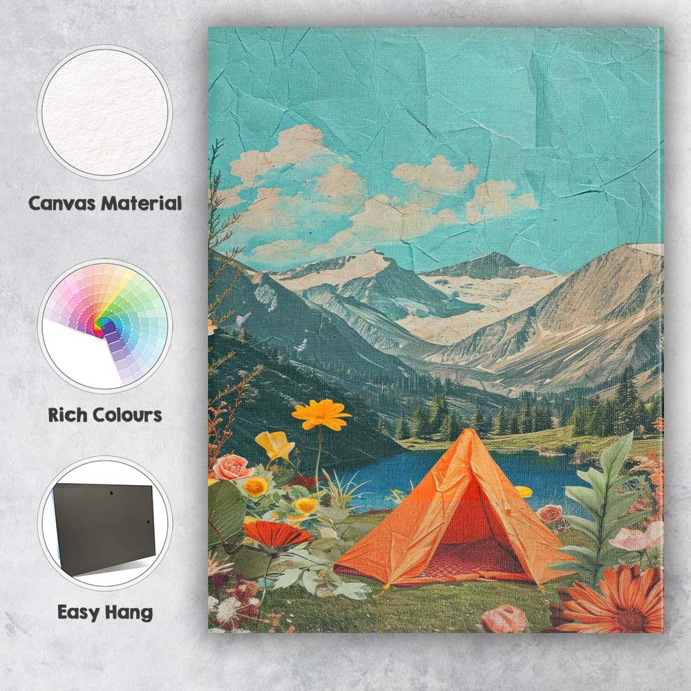 Scenic Mountain Lake Camping Tent Floral Nature Collage Canvas Wall Art Print Decor Picture Ready to Hang