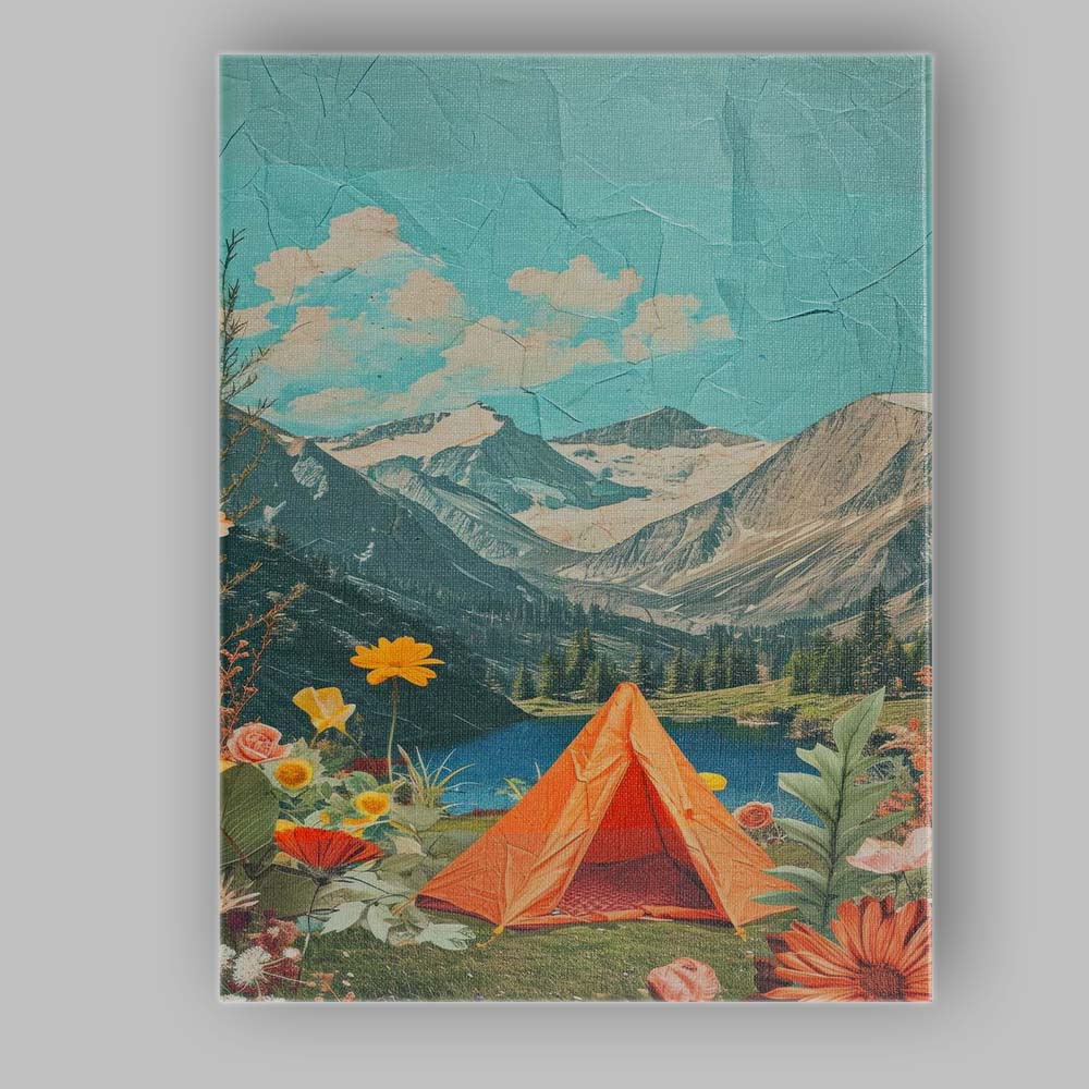 Scenic Mountain Lake Camping Tent Floral Nature Collage Canvas Wall Art Print Decor Picture Ready to Hang