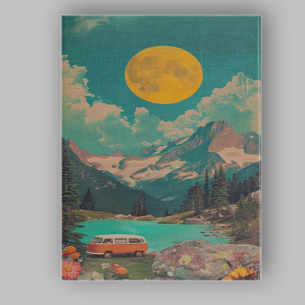 Retro Camper Van By Turquoise Mountain Lake Scenic Landscape Canvas Wall Art Print Decor Picture Ready to Hang