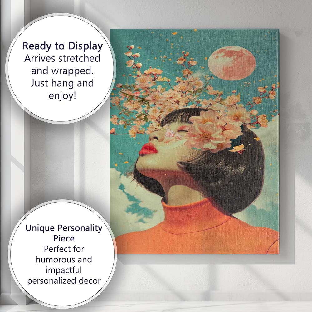 Surreal Floral Woman Portrait With Cherry Blossom Moon Canvas Wall Art Print Decor Picture Ready to Hang