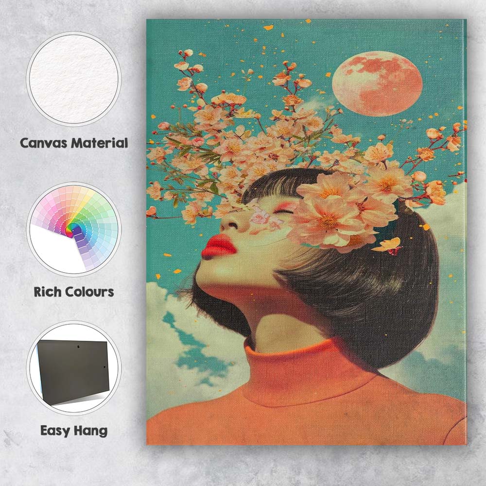 Surreal Floral Woman Portrait With Cherry Blossom Moon Canvas Wall Art Print Decor Picture Ready to Hang