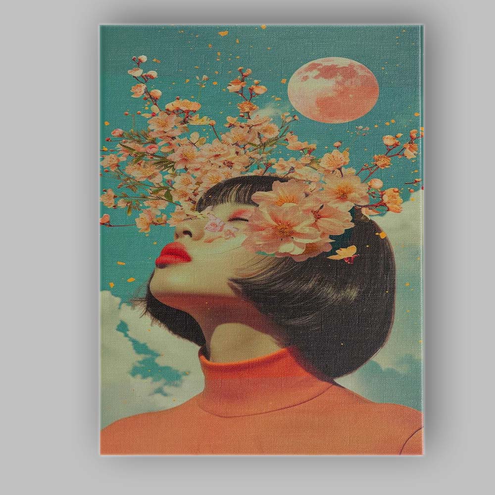 Surreal Floral Woman Portrait With Cherry Blossom Moon Canvas Wall Art Print Decor Picture Ready to Hang