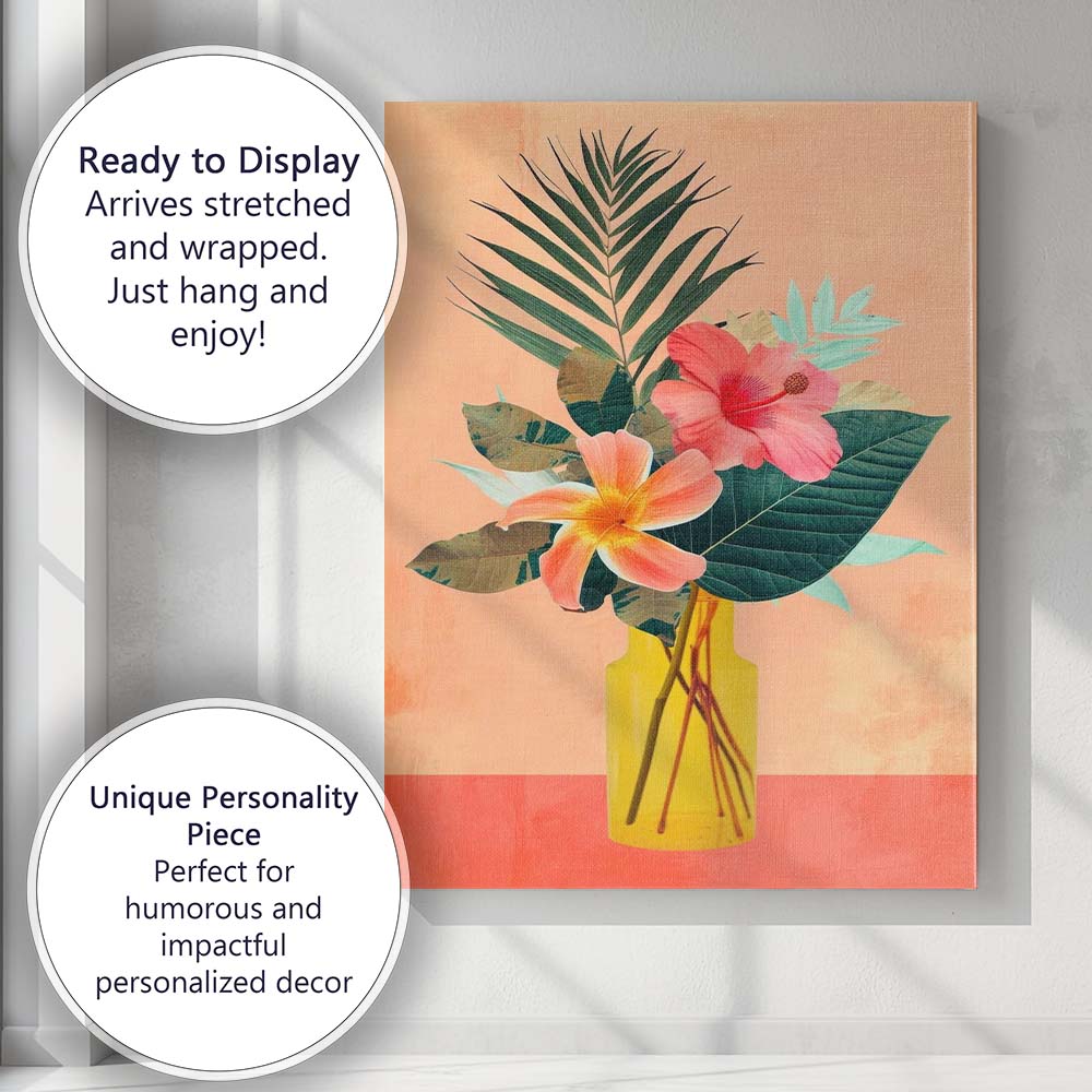 Tropical Hibiscus And Frangipani Botanical Vase Arrangement Canvas Wall Art Print Decor Picture Ready to Hang