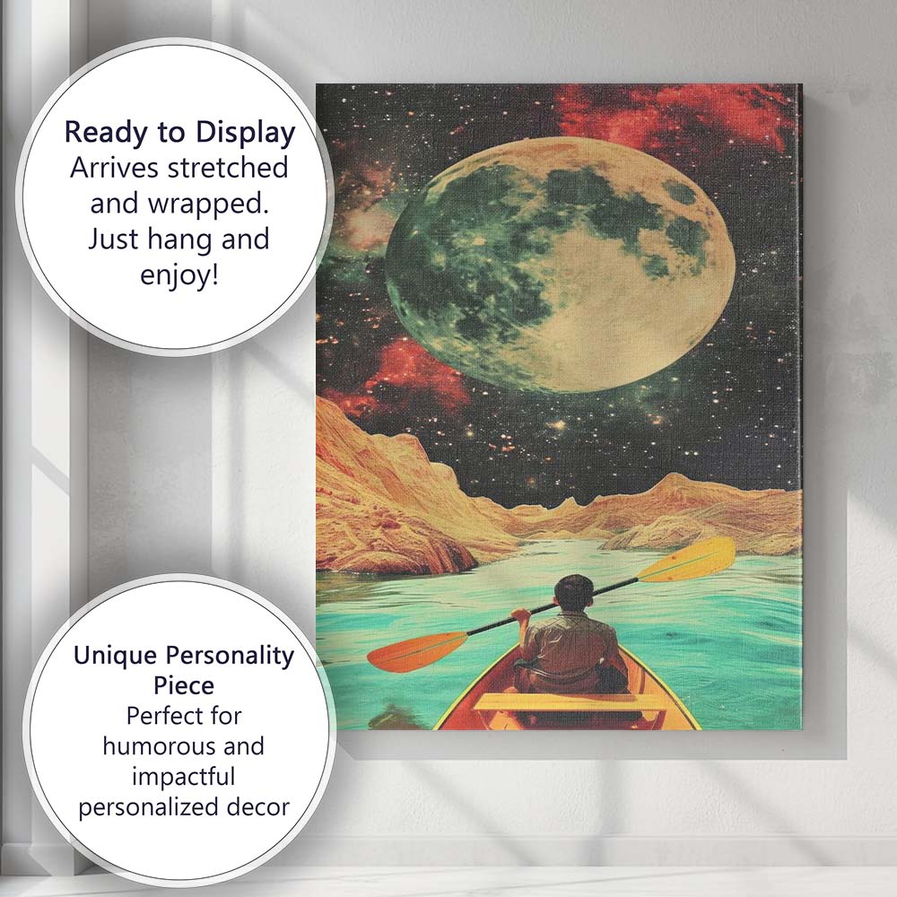 Surreal Cosmic Moon Kayak Adventure Landscape Canvas Wall Art Print Decor Picture Ready to Hang