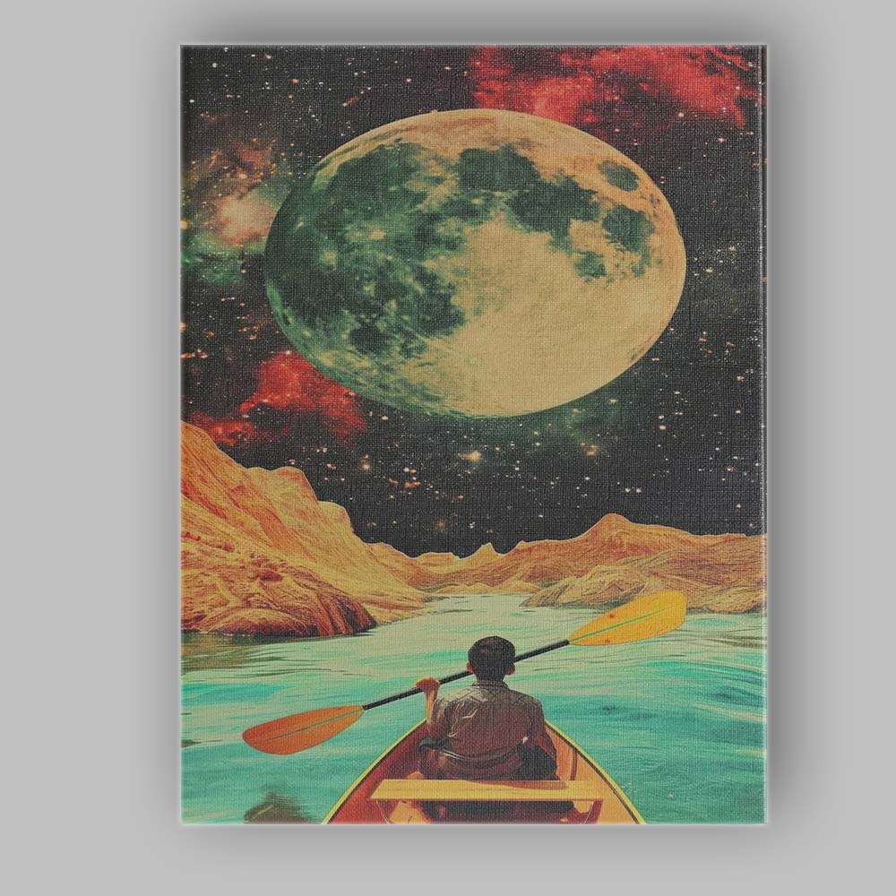 Surreal Cosmic Moon Kayak Adventure Landscape Canvas Wall Art Print Decor Picture Ready to Hang