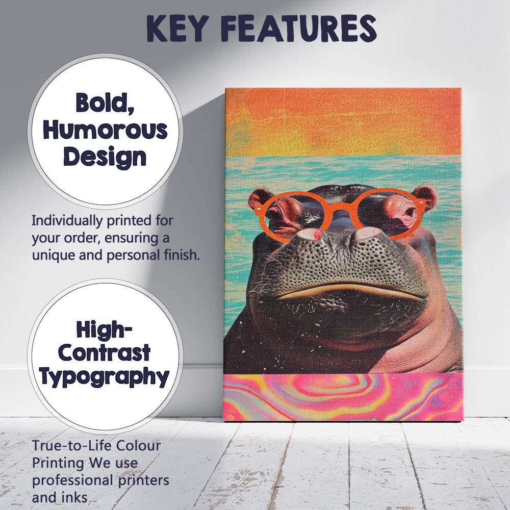 Cool Hippopotamus Wearing Orange Sunglasses Pop Art Animal Portrait Canvas Wall Art Print Decor Picture Ready to Hang