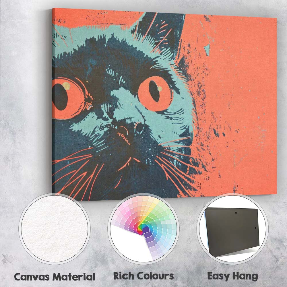 Retro Wide Eyed Black Cat Pop Art Illustration Canvas Wall Art Print Decor Picture Ready to Hang