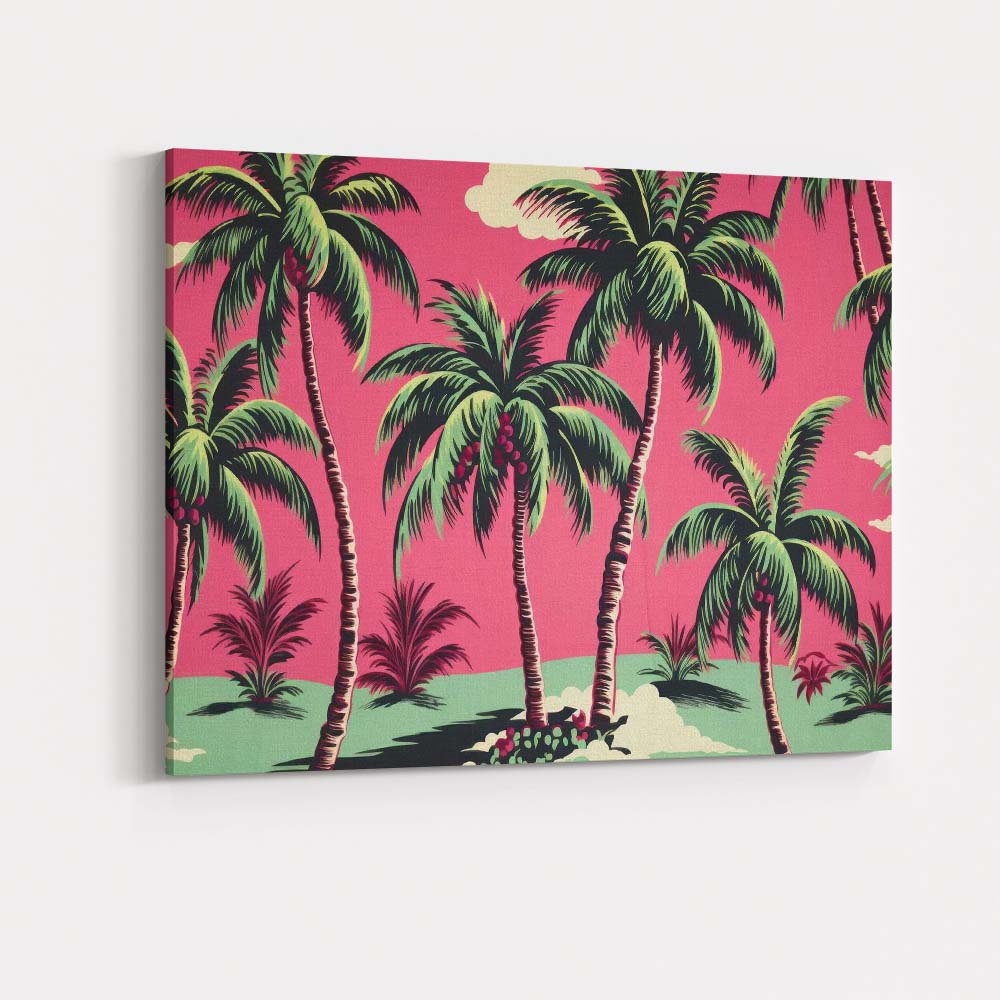 Tropical Pink Palm Tree Paradise Landscape Illustration Canvas Wall Art Print Decor Picture Ready to Hang