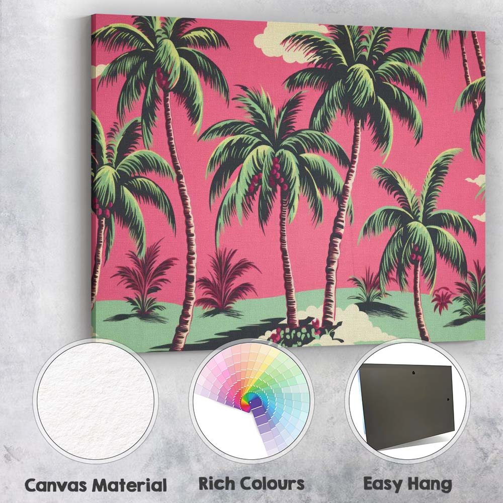 Tropical Pink Palm Tree Paradise Landscape Illustration Canvas Wall Art Print Decor Picture Ready to Hang