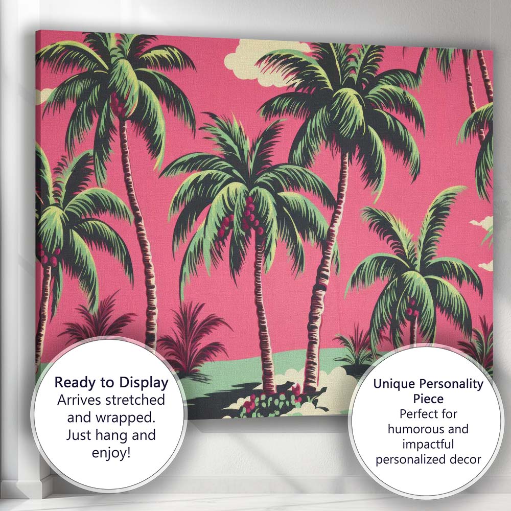 Tropical Pink Palm Tree Paradise Landscape Illustration Canvas Wall Art Print Decor Picture Ready to Hang