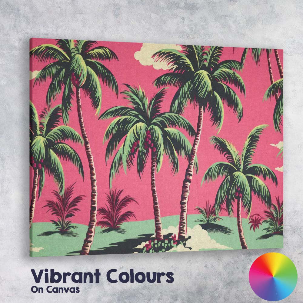 Tropical Pink Palm Tree Paradise Landscape Illustration Canvas Wall Art Print Decor Picture Ready to Hang