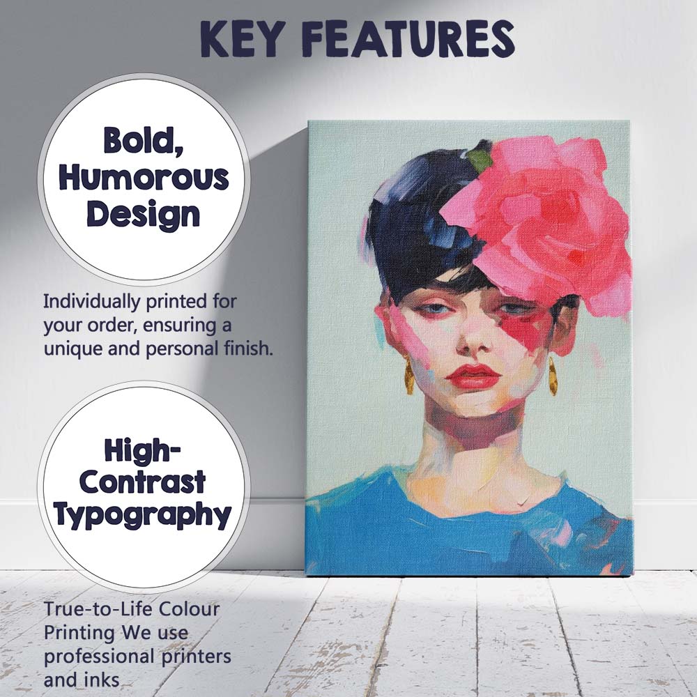 Contemporary Floral Fashion Portrait Woman With Pink Rose Canvas Wall Art Print Decor Picture Ready to Hang