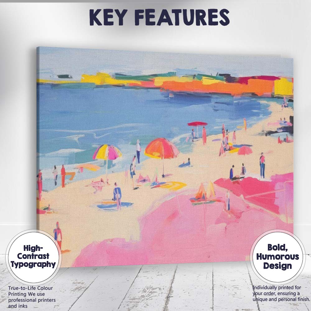 Colourful Impressionist Summer Beach Umbrellas Seaside Painting Canvas Wall Art Print Decor Picture Ready to Hang