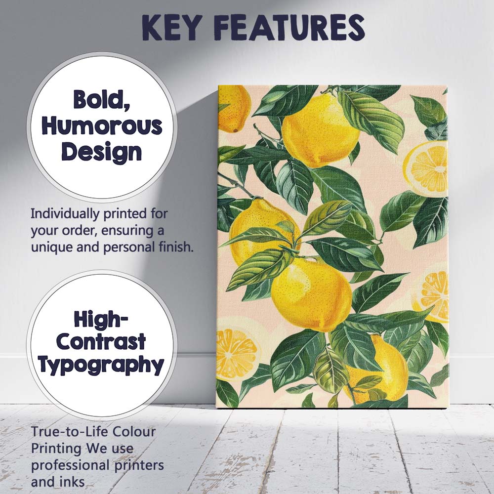 Fresh Yellow Lemon Citrus Branch Repeat Pattern Canvas Wall Art Print Decor Picture Ready to Hang